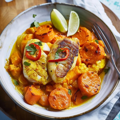 Un plat coloré de poisson mijoté avec des patates douces et carottes fondantes.