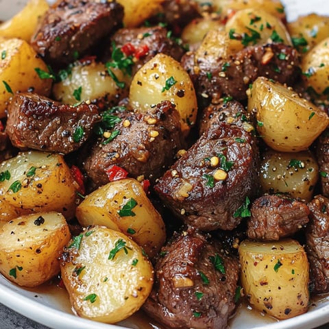 Un plat généreux de steak avec des pommes de terre rissolées et une touche d’herbes fraîches.