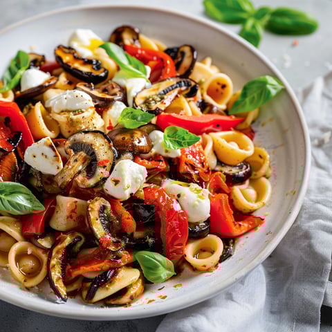 Pâtes froides mixées avec tomates, champignons et herbes fraîches.