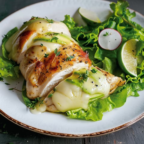 Poulet farci à l'avocat et fromage avec une salade verte fraîche.