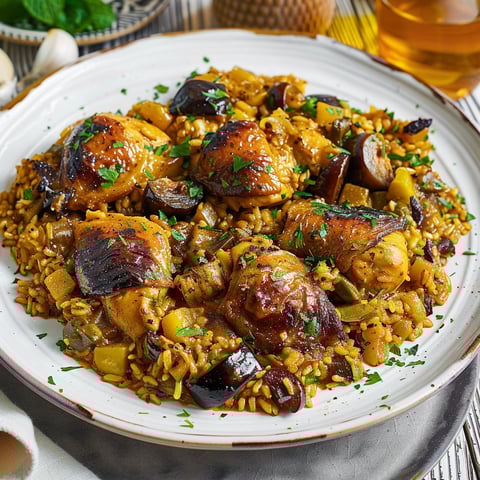 Un délicieux poulet aux pruneaux et épices façon tajine, présenté sur un joli plat.