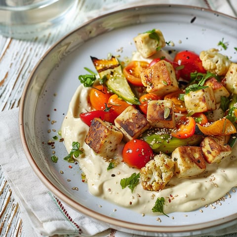 Un plat attrayant avec du tofu croustillant et des légumes posés sur du houmous crémeux.