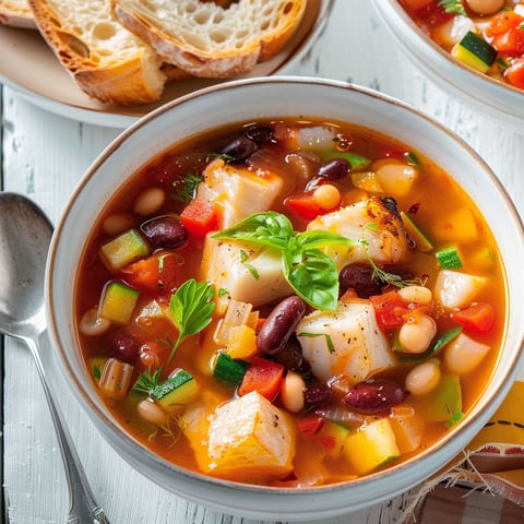 Une assiette de soupe chaude au poisson et fenouil accompagnée de pain grillé et de tranches de viande.
