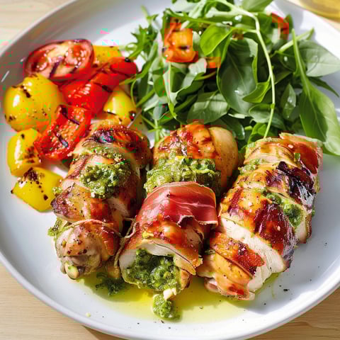 Savoureuses paupiettes de poulet au parmesan présentées avec une salade verte et des tomates grillées.