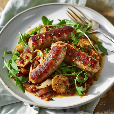 Plat de saucisses italiennes mijotées avec vin rouge, légumes et pommes de terre dorées.