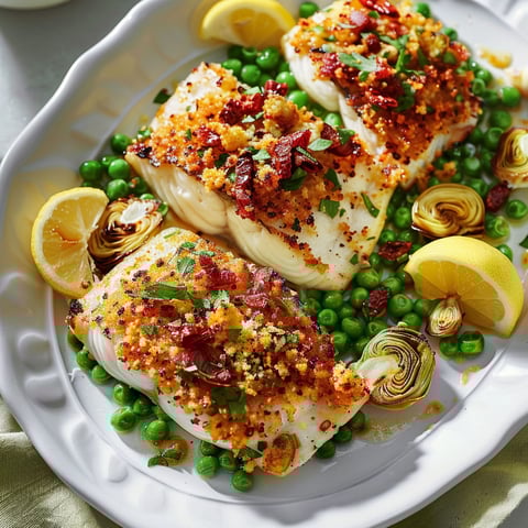 Filet de poisson aux herbes, avec croûte dorée, citron et tomates séchées, servi avec des légumes.