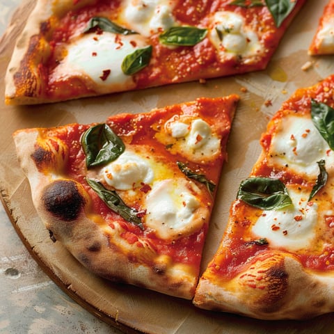 Une savoureuse pizza Margherita à croûte fine servie sur une planche.