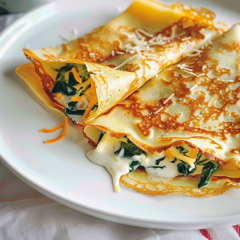 Délicieuse crêpe garnie aux épinards et fromage servie sur une assiette.