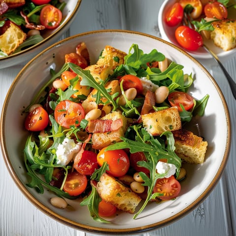 Salade de panzanella composée de haricots, tomates cerises et bacon croustillant.