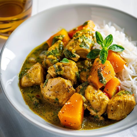 Un plat de poulet thaï au lait de coco avec courge et légumes verts, servi dans une assiette.