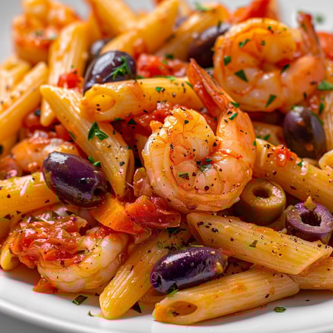 Un plat de pâtes agrémentées de crevettes et olives, avec des herbes fraîches sur une assiette élégante.