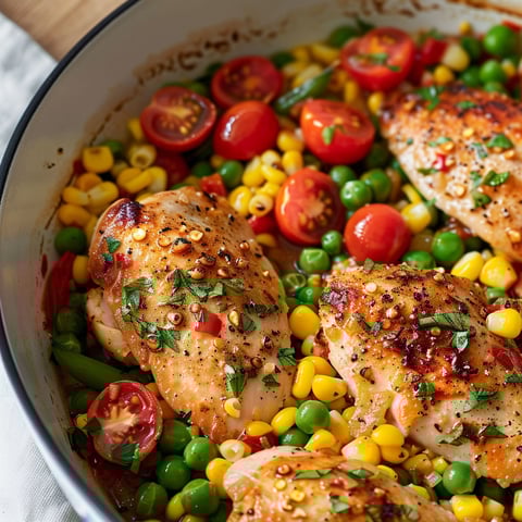 Plat mijoté à base de poulet, maïs, petits pois et tomates colorées.
