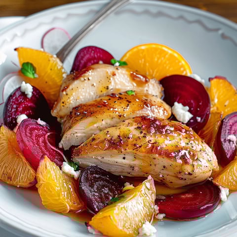 Une belle assiette de poulet doré avec des légumes rôtis et des quartiers d’orange.
