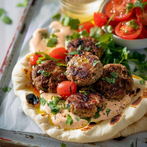 Des keftas de boeuf épicées posées sur un naan avec des tomates fraîches.