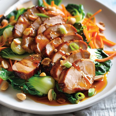 Un plat de bok choy et filet de porc avec une vinaigrette maison teriyaki, présenté sur un plateau.