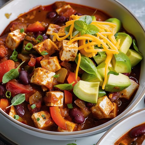 Un bol de chili au tofu avec avocat et légumes.