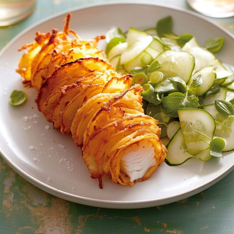 Un filet de morue délicatement entouré de spirales de pommes de terre, accompagné d’une salade fraîche et légère.