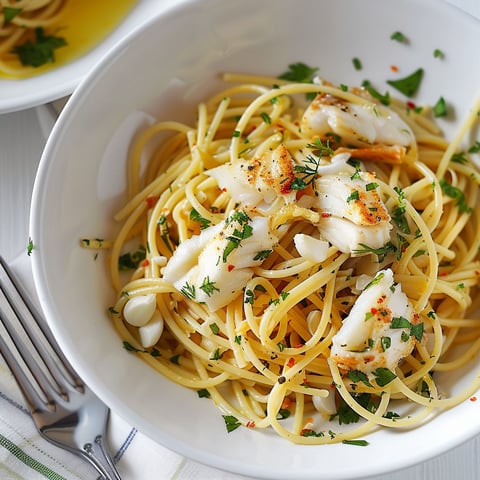 Une table garnie avec une assiette appétissante de spaghettis, citron et poisson tendre.