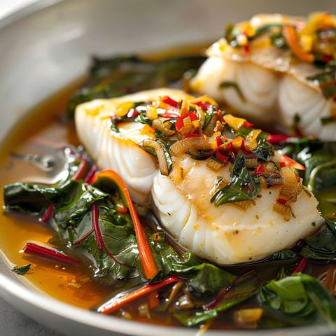 Filets tendres dans un bouillon gingembre et bettes fraîches.