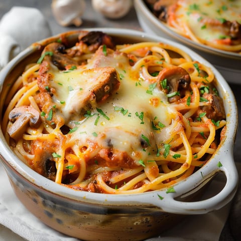 Assiette de spaghettis gratinés au veau et champignons, avec des herbes fraîches pour une touche parfumée.