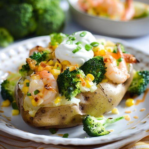 Pommes de terre dorées garnies de brocoli, maïs et petites crevettes nordiques.