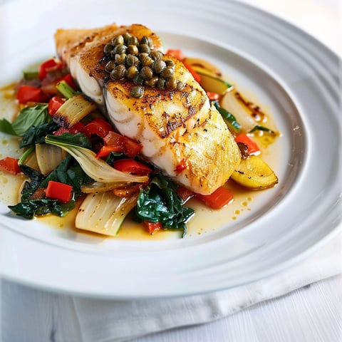 Filet de poisson grillé avec légumes fondants et beurre noisette parfumé aux câpres et anchois.