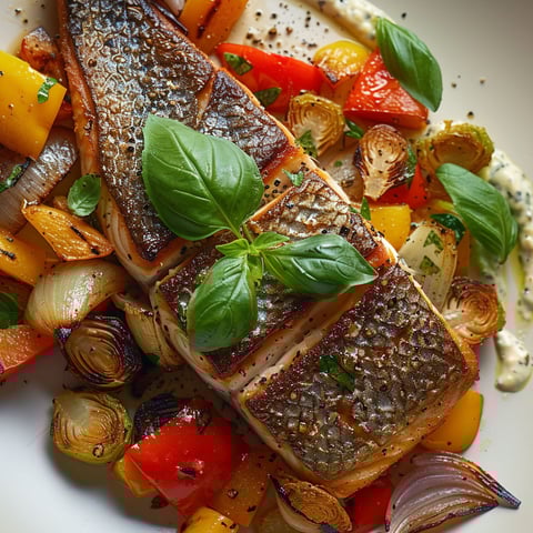 Une délicieuse truite dorée servie avec des légumes grillés et du basilic frais.