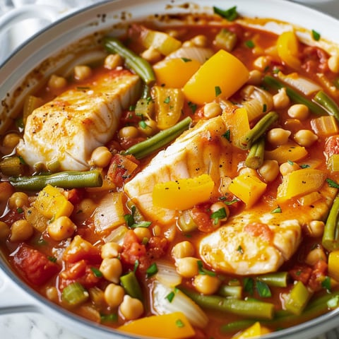 Poisson mijoté avec tomates et haricots verts.