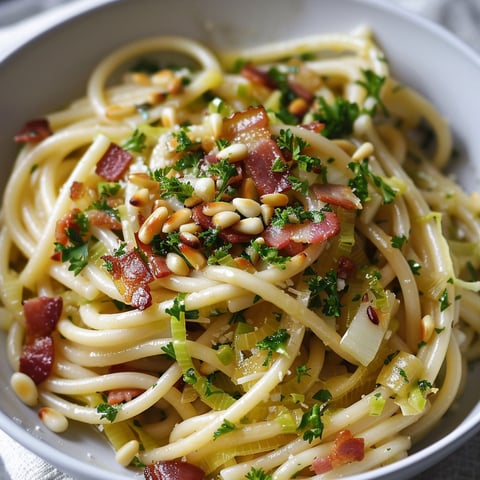 Une assiette de pâtes avec poireaux, bacon doré et noix de pin grillées.