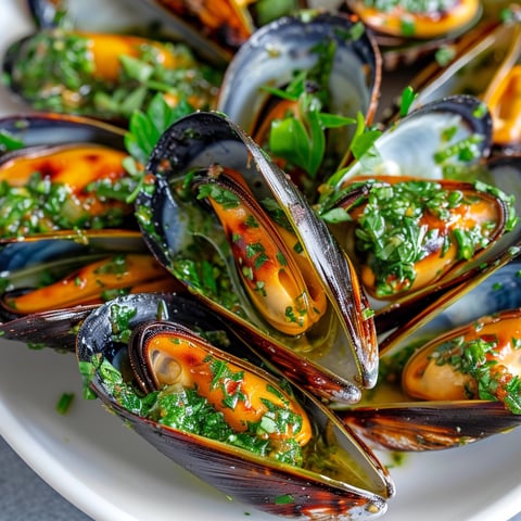 Assiette de moules assaisonnées d’une sauce verte, appelée moules barbecue à la salsa verde.