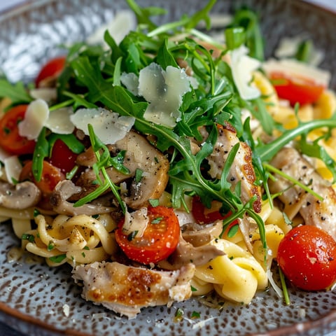 Un plat de spätzles mélangés avec de la roquette, du poulet, des tomates et des champignons, parsemé d'herbes fraîches.