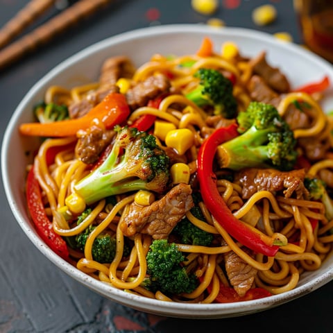 Un délicieux plat de nouilles mélangées à du gingembre doré, des lanières de bœuf et des légumes verts.