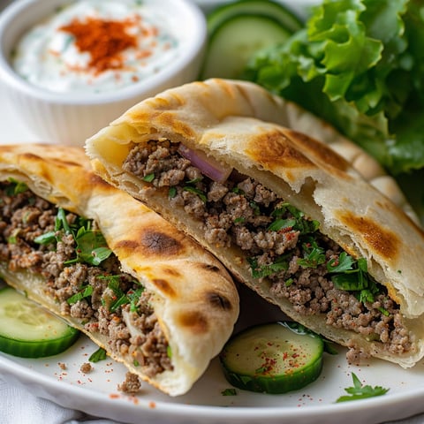 Un pain pita richement garni de bœuf haché servi avec une salade verte croquante et des concombres frais.