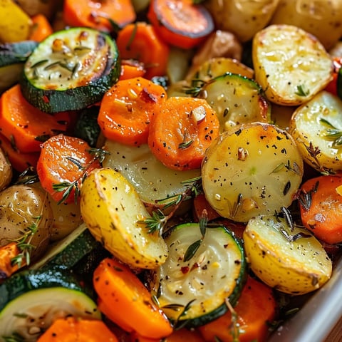 Une belle assiette pleine de légumes cuits au four avec des touches d’ail et des herbes fraîches, incluant courgettes, aubergines et carottes.