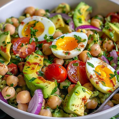 Un bol garni d’une salade avec avocat, pois chiches et œuf dur.
