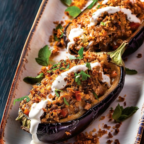 Un plat d’aubergines moussaka avec des légumes et des fines herbes en garniture.