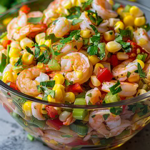 Plat de salade mélangeant crevettes nordiques et maïs dans un saladier.