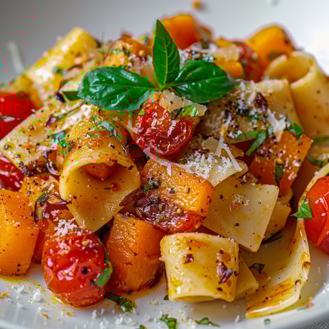 Des pappardelles avec de la courge douce et des tomates cerises rôties, agrémenté de parmesan et basilic.