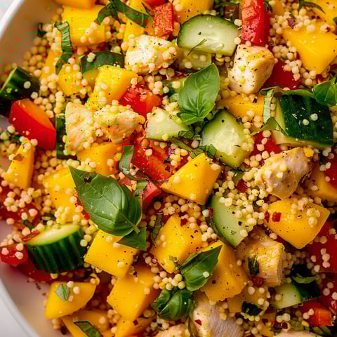 Mélange frais de poulet, couscous, mangue et légumes avec des herbes fraîches.