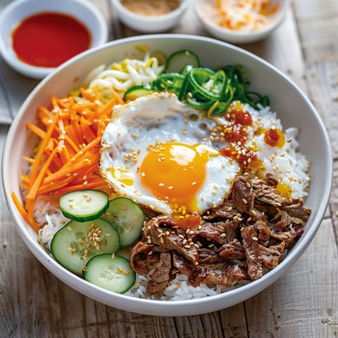 Un bol généreux de Bibimbap coréen avec bœuf, légumes frais, carottes, concombre et œuf.