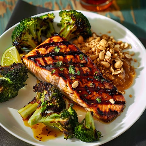 Saumon grillé servi avec brocolis et noix croquantes.