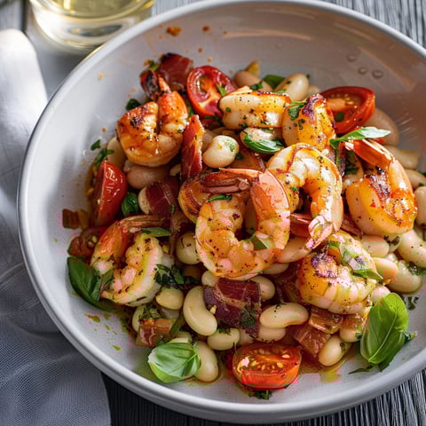 Un bol garni de haricots blancs et de crevettes grillées prêt à être dégusté.