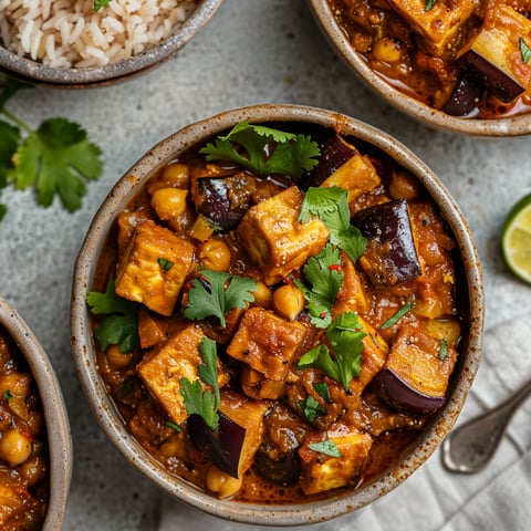 Un plat appétissant de cari d’aubergine, tofu et pois chiches présenté dans une assiette.