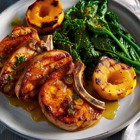 Une belle assiette avec des côtelettes de porc, des légumes verts et des fruits colorés.