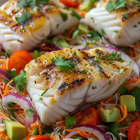 Poisson grillé avec vermicelles et légumes croquants tels que carottes, tomates et coriandre, joliment arrangé sur une table.