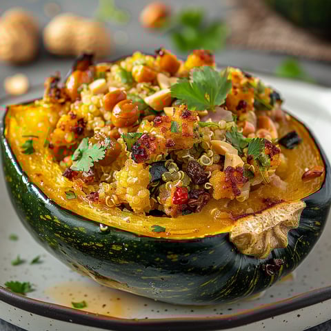 Courge rôtie bien farcie au quinoa, cheddar et noix, magnifiquement servie sur un plateau.