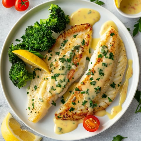 Filet de sole doré avec sauce mayonnaise citron-anchois et légumes frais.