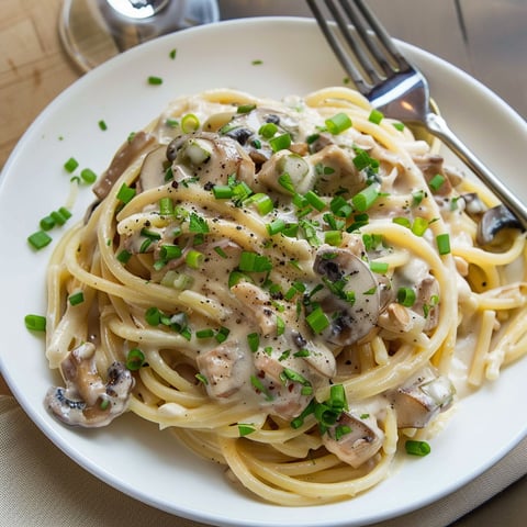 Assiette de spaghettis aux champignons et thon avec touche d’herbes vertes.