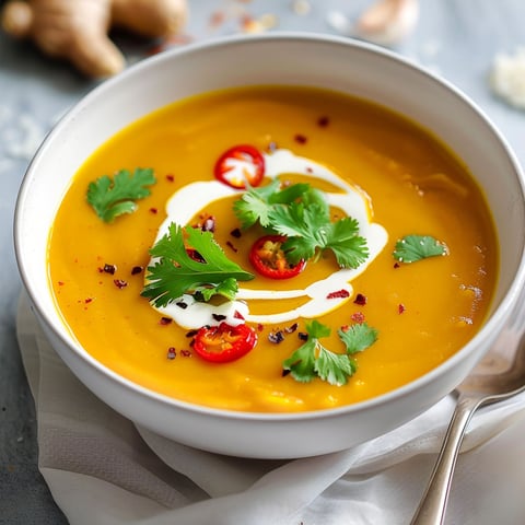 Un bol blanc avec une soupe de courge crémeuse et des herbes fraîches.