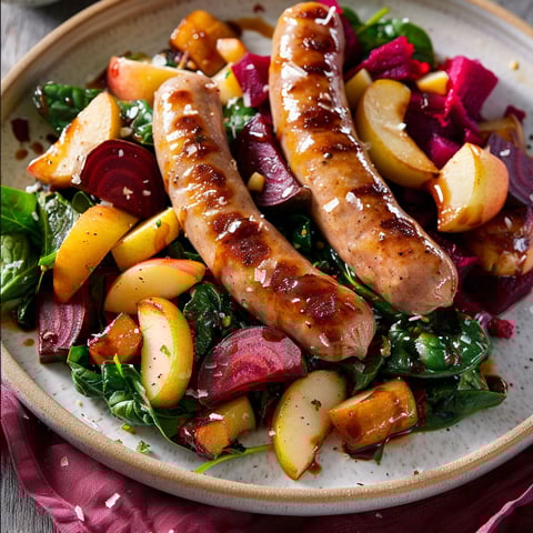 Plat appétissant avec saucisses dorées, betteraves fondantes et pommes caramélisées dans un ravissant plat.